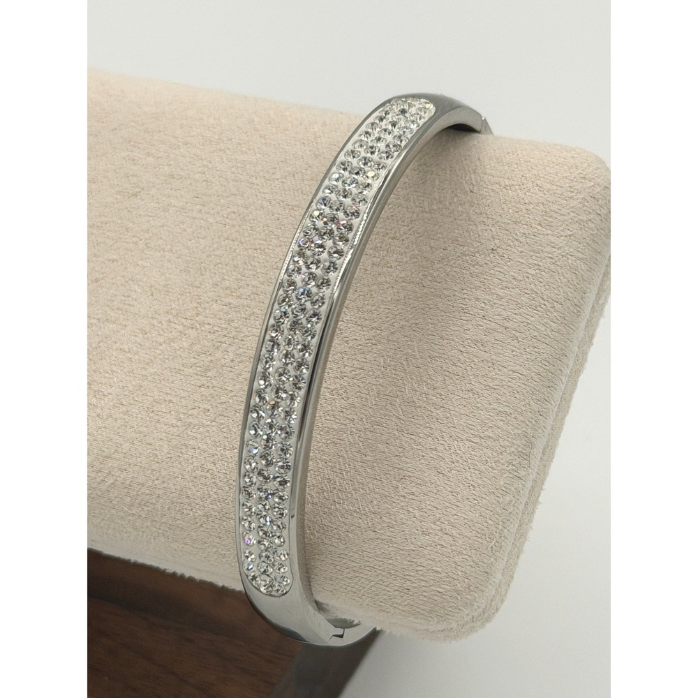 JCM Stainless Steel Hinged Bangle Bracelet Crystal Pave Silver Tone Old Money
